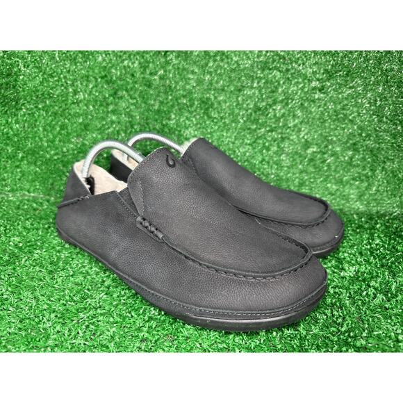 Olukai Men's Kipuka Hulu Black Leather Slip On Slippers Shearling Lining Size 9 - Picture 1 of 8